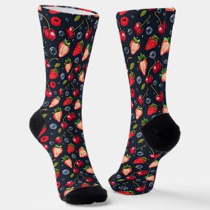 Strawberries and cherries on a dark background socks