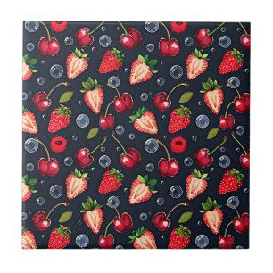 Strawberries and cherries on a dark background   tile