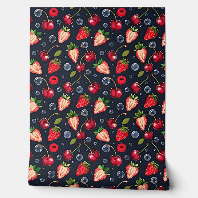 Strawberries and cherries on a dark background   wallpaper (Unrolling)