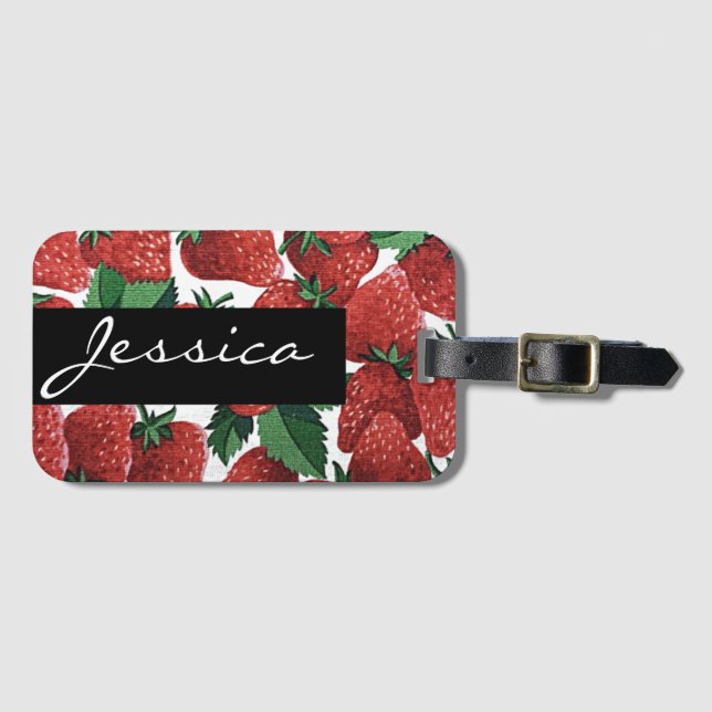 Strawberries and Cream Pattern Modern Personalised Luggage Tag (Front Horizontal)