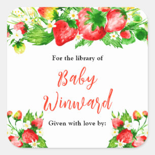 Strawberries and Daisies Baby Shower Bookplate Square Sticker