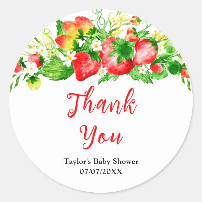 Strawberries and Daisies Baby Shower Thank You Classic Round Sticker (Front)