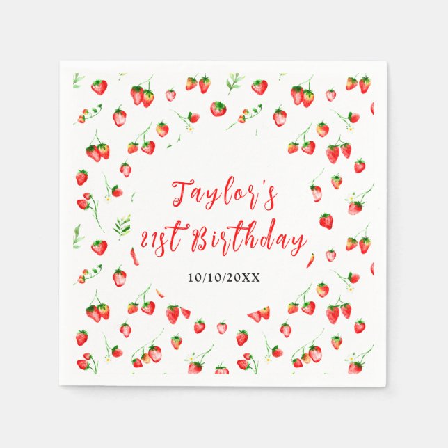 Strawberries and Daisies Birthday Party Napkin (Front)