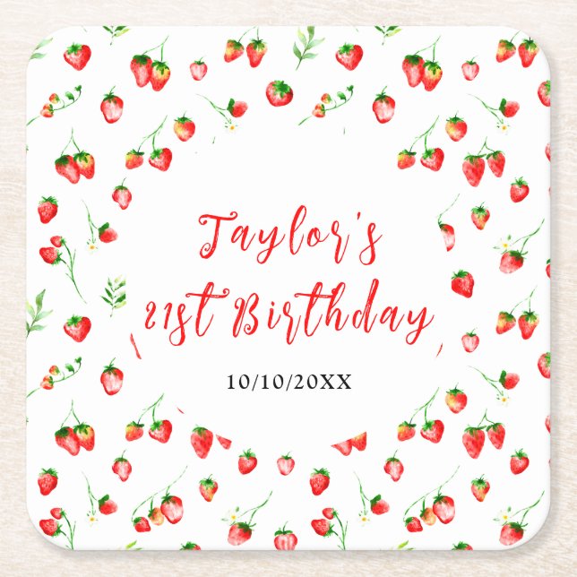 Strawberries and Daisies Birthday Party Square Paper Coaster (Front)