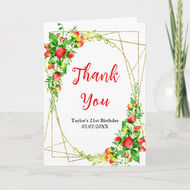 Strawberries and Daisies Birthday Party Thank You Card (Front)
