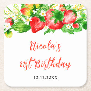 Strawberries and Daisies Birthday Square Paper Coaster