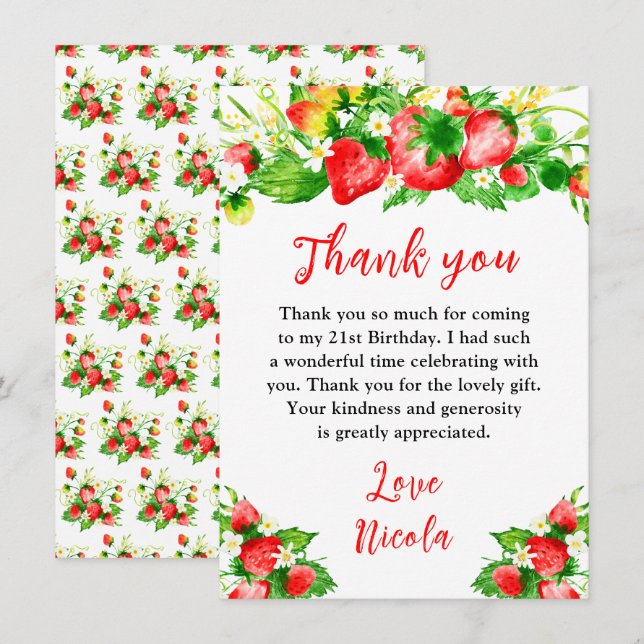 Strawberries and Daisies Birthday Thank You Card (Front/Back)
