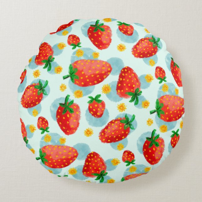 Strawberries and Daisies Blue watercolor Round Cushion (Front)