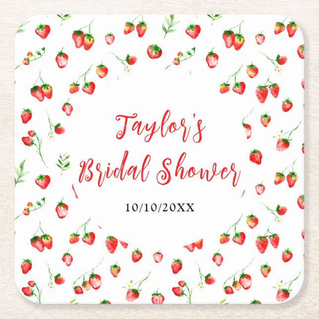 Strawberries and Daisies Bridal Shower Square Paper Coaster (Front)