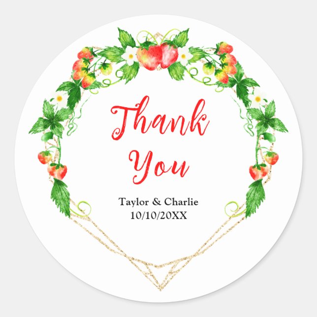 Strawberries and Daisies Wedding Thank You Classic Round Sticker (Front)