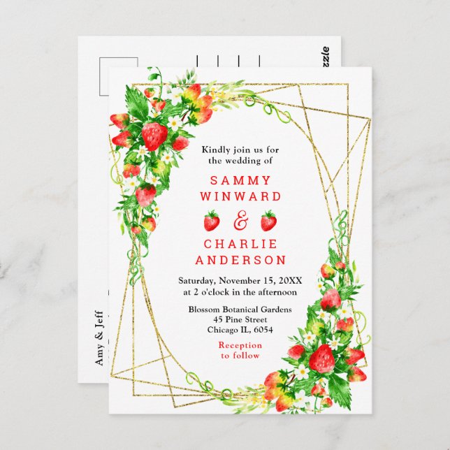 Strawberries and Daisies with Foliage Wedding Postcard (Front/Back)