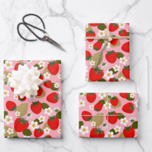 Strawberries and Flower Blossoms Wrapping Paper Sheet