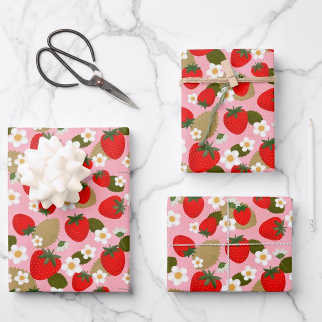 Strawberries and Flower Blossoms Wrapping Paper Sheet (Front)