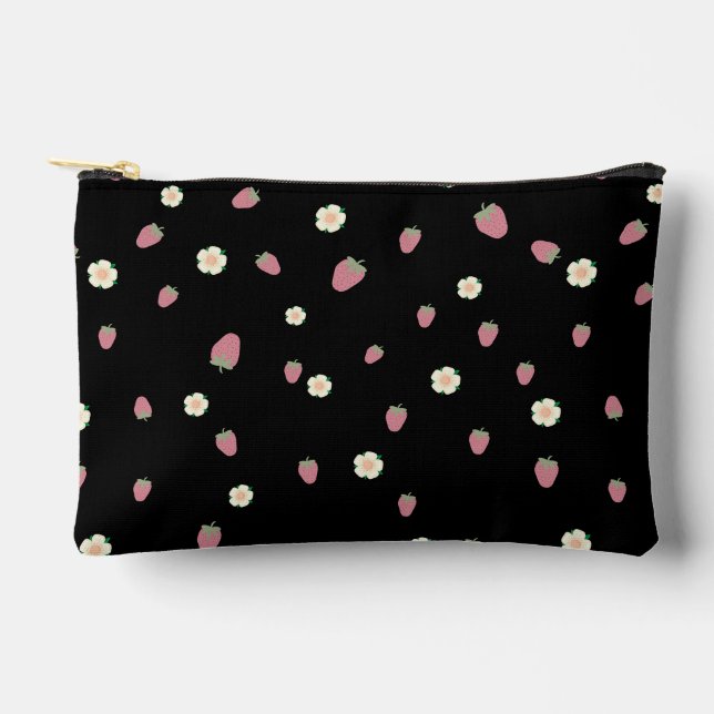 Strawberries and Flowers Black Pattern Accessory Pouch (Front)
