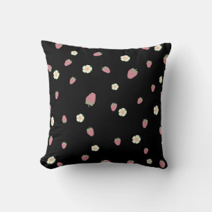 Strawberries and Flowers Black Pattern Cushion