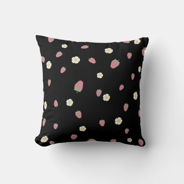 Strawberries and Flowers Black Pattern Cushion (Front)
