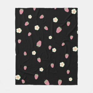Strawberries and Flowers Black Pattern Fleece Blanket