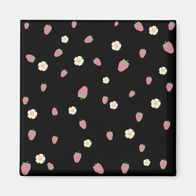 Strawberries and Flowers Black Pattern Magnet (Front)
