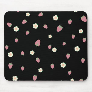 Strawberries and Flowers Black Pattern Mouse Mat