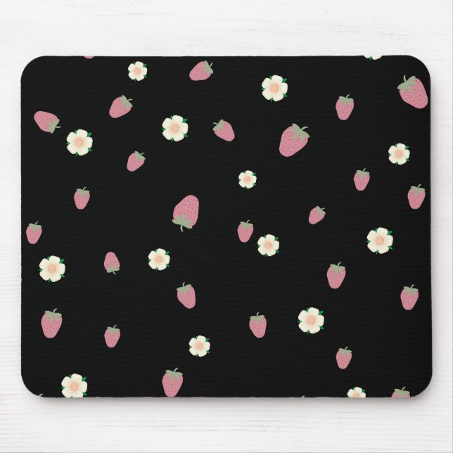Strawberries and Flowers Black Pattern Mouse Mat (Front)
