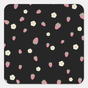 Strawberries and Flowers Black Pattern Square Sticker