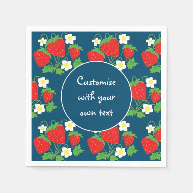 Strawberries and Flowers Blue Custom Text Napkin (Front)