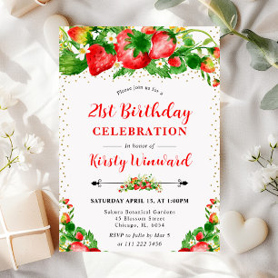 Strawberries and Flowers & Photo 21st birthday Invitation