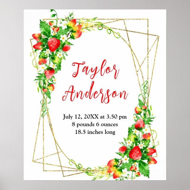 Strawberries and Foliage Baby Birth Stats Poster (Front)