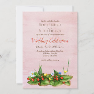Strawberries and meadow flowers blush wedding invitation