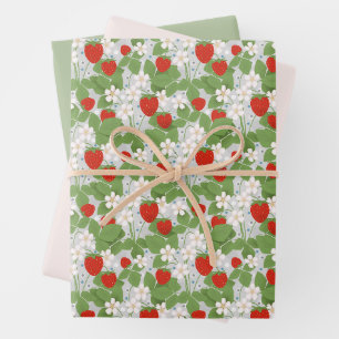 Strawberries and pink and white flowers wrapping paper sheet
