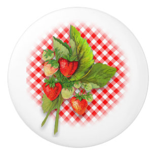 Strawberries and Red Gingham Ceramic Knob