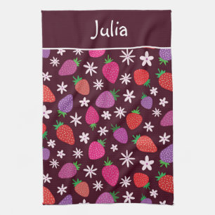 Strawberries and White Flowers Pattern Custom  Tea Towel