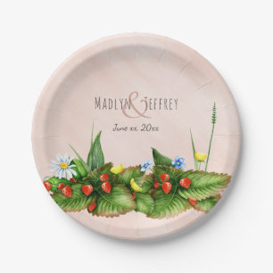 Strawberries and wildflowers meadow wedding paper plate
