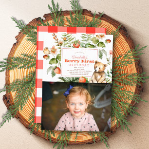 Strawberries & Bear Berry First 1st Birthday Photo Invitation