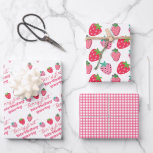 Strawberries Berry First Birthday Party Pink   Red Wrapping Paper Sheet