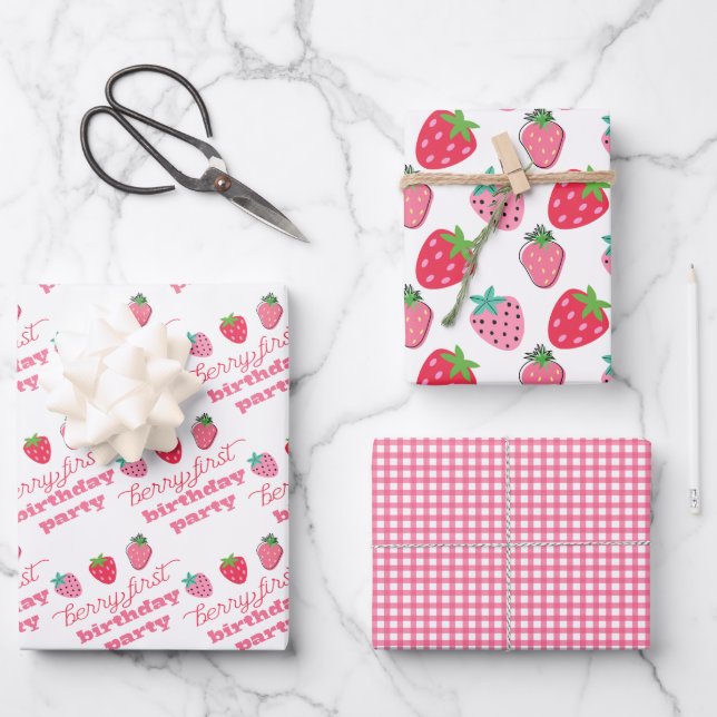 Strawberries Berry First Birthday Party Pink | Red Wrapping Paper Sheet (Front)
