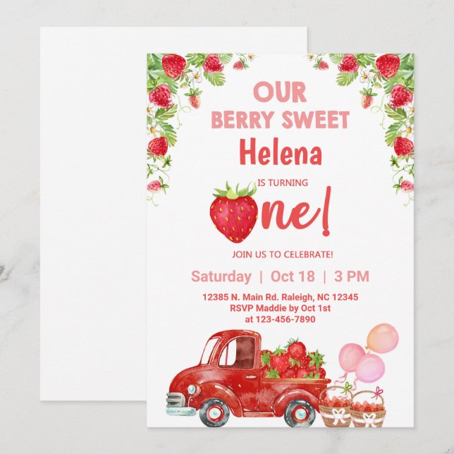 Strawberries berry sweet girl birthday invitation. invitation (Front/Back)