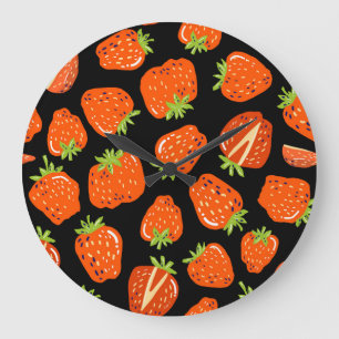 Strawberries Black: Vintage Seamless Texture Large Clock