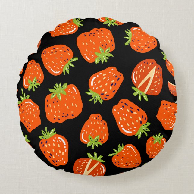 Strawberries Black: Vintage Seamless Texture Round Cushion (Front)