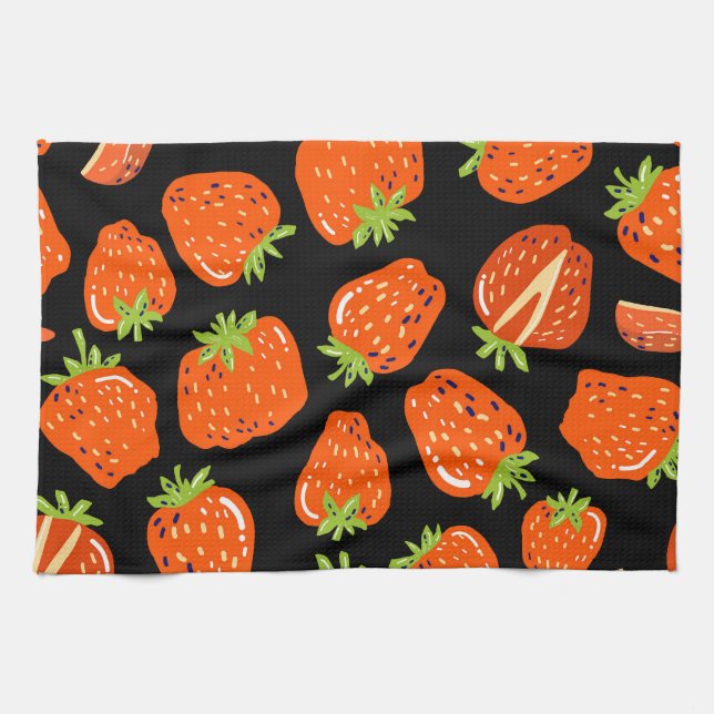 Strawberries Black: Vintage Seamless Texture Tea Towel (Horizontal)