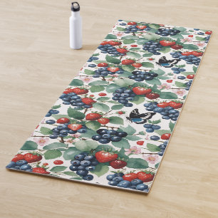 Strawberries Blueberries and Butterflies Floral Yoga Mat