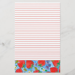 Strawberries Blueberries Bees Red Lined Stationery