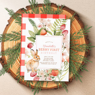 Strawberries & Bunny Berry First 1st Birthday Invitation