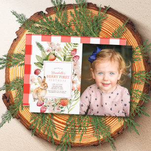 Strawberries Bunny Berry First 1st Birthday Photo Invitation