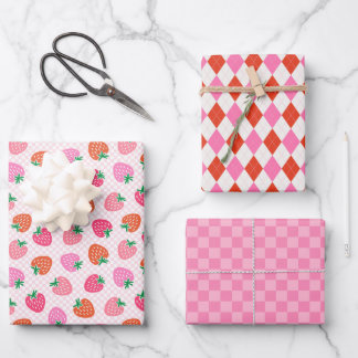 Strawberries Checks & Argyle Christmas Pink & Red Wrapping Paper Sheet