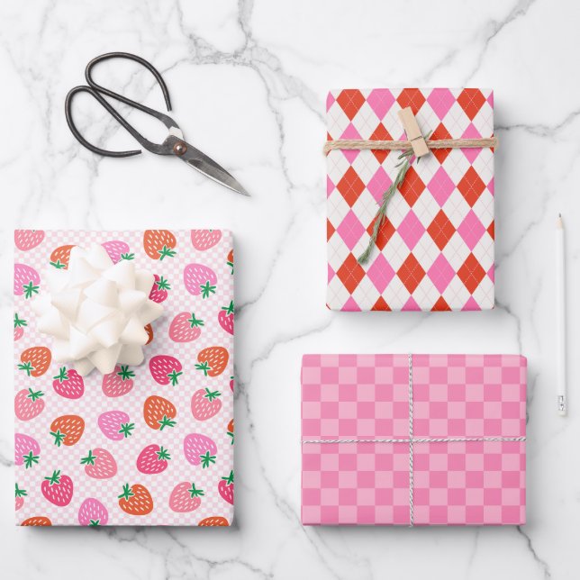 Strawberries Checks & Argyle Christmas Pink & Red Wrapping Paper Sheet (Front)