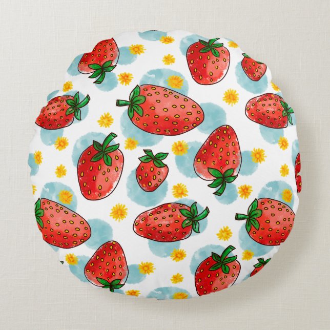 Strawberries & Daisies Round Cushion (Front)