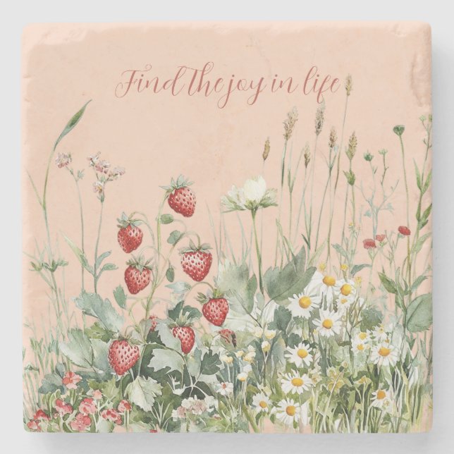 Strawberries Daisy Flowers Stone Coaster (Front)