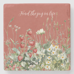 Strawberries Daisy Flowers Stone Coaster