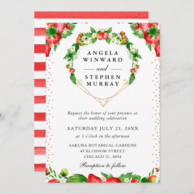 Strawberries Floral Heart Wreath Wedding Invitation (Front/Back)